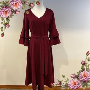 Elegant Burgundy Ruffle Sleeve v-neck stretchy midi Dress